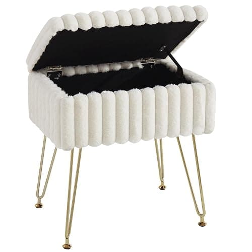 EBENCHICO Vanity Stool Chair with Storage, Faux Fur Stools for Vanity | Makeup Ottoman, Foot Stool, with 4 Metal Legs, Adjustable Feet, Small Vanity Bench, for Living Room Bedroom, White - Image 1