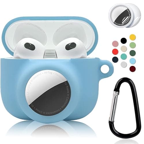2 in 1 Protective Case Combo Set Compatible for Apple AirPods 3(2021) AirTag, GPS Tracker Holder with 2 PCS TPU Screen Protector&Keychain, Soft Silicone Anti-Lost Anti-Scratch Skin Cover(Blue) - Image 1