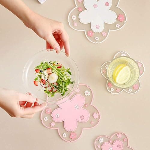 Sakura Coffee Cup Mat Kawaii Coaster 2PCS Cute Cherry Blossom PVC Home Tea Mug Pink Flower Pattern Anti-Skid Pot Bowl Pad Placemat for Desk Drink Table Decor Kawaii Accessories (Small) thumbnail 6