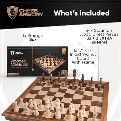 Chess Armory Wooden Chess Set – 17-Inch Large Chess Board with Felted Storage Box, Extra Queens & Handcrafted Staunton Pieces thumbnail 3