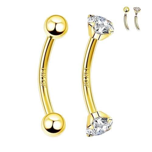 ALACLO 2 Pcs 14k Gold Filled Eyebrow Rings, 16G Threaded Rook Piercing Jewelry, Surgical Steel Vertical Lip Labret Belly Tongue Ring Daith Earring Curved Barbells - Image 1