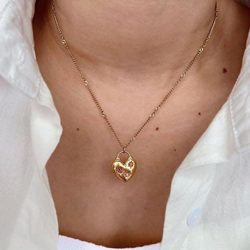UniLogue Fashion Versatile Stainless Steel 18K Gold Plated Pink Zircon Love Lock Square Pendant Star Gold Necklace Natural Stone Beads Jewelry thumbnail 3