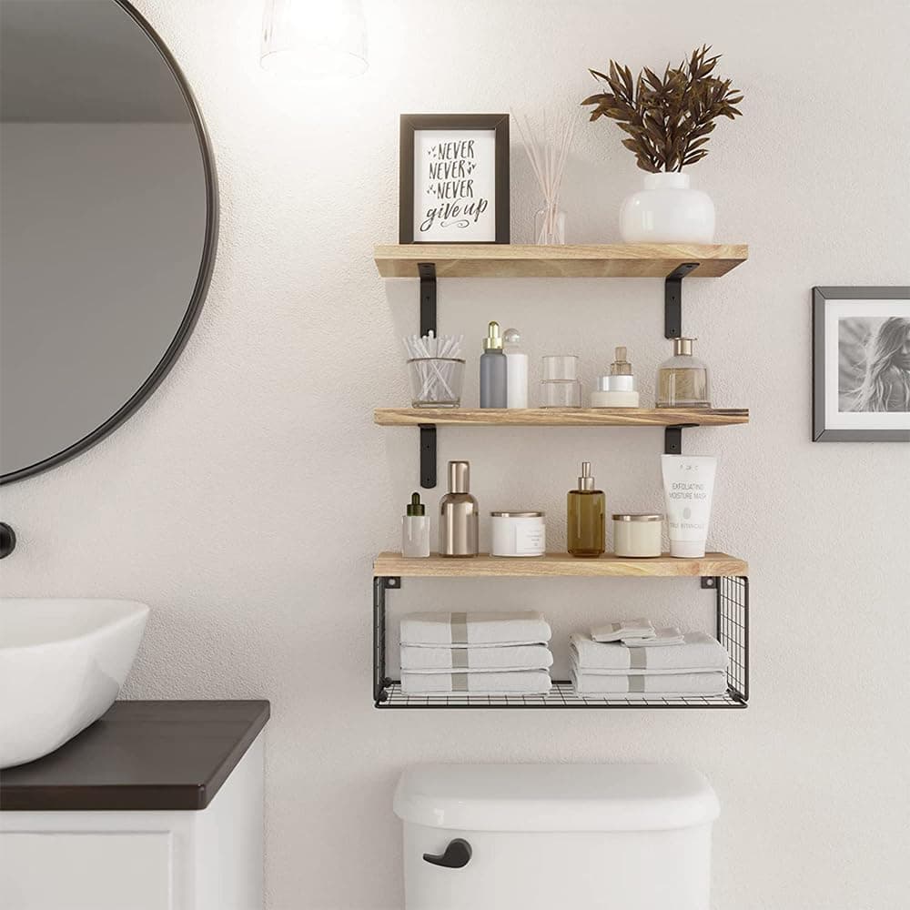 HAWOO Repisas Flotantes, 3PCS Repisas para Baño con Cesta de Alambre, Recamara, Cocina, Sala, Fáciles de Instalar, 40x15.2 CM (Madera) thumbnail 8