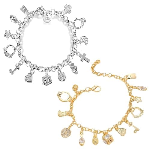 LQIOACU 2 Pièces Bracelet Charms or argent Femme, Bracelet à Breloques en Or et Argent, Bijoux de Mode Cadeau pour Femme - Image 1
