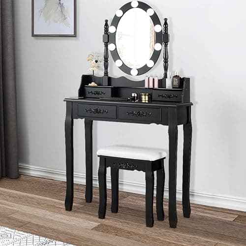 Giantex Makeup Vanity Table with 10 LED Lights, Adjustable Brightness, 4 Drawers, Rotatable Mirror, Cushioned Stool, Vanity Desk Dressing Table Bedroom Furniture (Black) thumbnail 9