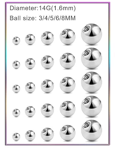 Prjndjw 25Pcs 14G 16G Replacement Balls internal thread & Externally Threaded Surgical Steel Balls Industrial Barbell Tongue Nipple Belly Button Eyebrow Rook Piercing Rings Parts 3MM-8MM thumbnail 6