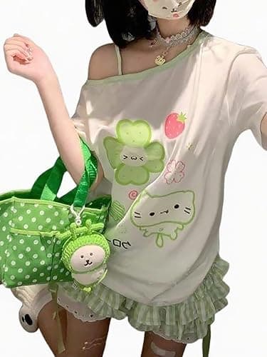 Y2K Harajuku Cartoon Print T-Shirts Gothic Women Cutecore Shirt Fashion Off Shoulder T Shirt Kawaii Sweet Girls Tees Tops thumbnail 2