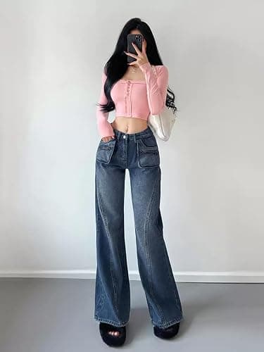 EMMIOL Mid-Low Rise Flare Jeans for Women, Y2K Baggy Boot Cut Flared Bootcut Wide Leg Womens Denim Pants Stretch thumbnail 3
