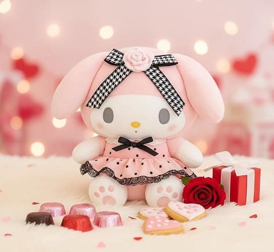 AlphaDesignLuxe 13″ Kitty Plush Toy – Kawaii Cat Stuffed Animal with Long Pink Ears, Polka-Dot Dress, Black Lace Trim & Rose Bow, Soft Plush Doll Gift for Kids, Teens & Collectors thumbnail 4