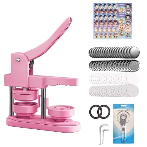 FreeingBAG Button Maker Machine 58mm - (3 Gen) Installation-Free (2.25in) DIY Badge Button Maker Press Machine Badge Punch Press with 100pcs Button Parts Pictures (Pink, 2.25 inch / 58mm) - Image 1