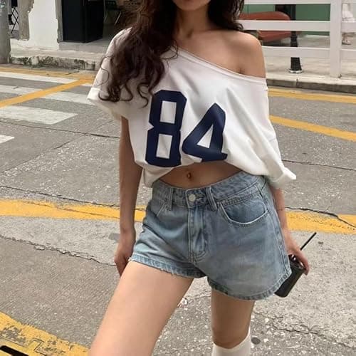 One Shoulder Oversized Tshirts Short Sleeve Y2k Baby Tees Summer Crop Top Jersey Off Shouder Graphic Tee Women - One Size - Blue thumbnail 4