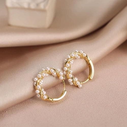 Pearl Chunky Gold Hoop Earrings For Women Trendy Sterling Silver Twisted Hoop Earring thumbnail 2