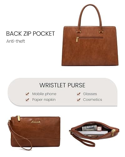 LOVEVOOK 17 Inch Laptop Tote Bag For Women Teacher Work Bag, Leather Computer Bags For Laptops For Women, Vintage Waterproof Laptop Bag Business Briefcase Office Large Shoulder Handbag Purse, Brown - 17.3 inch - Brown thumbnail 7