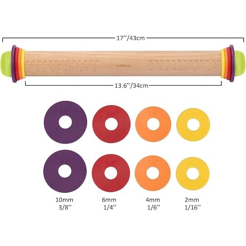 Mepple Adjustable Wooden Rolling Pin with 4 Removable Thickness Rings，Great for Baking Dough, Pizza, Pie, Pastries, Pasta, Cookies and More, 13.6" x 2.5" x 2.5", Multicolor thumbnail 3