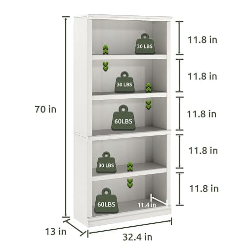 Bevfint 70-Inch Tall White Bookcase, 5 Tiers Shelves Open Storage Bookshelf, 33 in Wide Anti Tipping Indoor Furniture, Book Cases for Home Library Office Bedroom School thumbnail 3