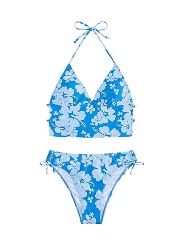Floerns Women's Tankinis 2 Piece Floral Print Halter Tie Back Crop Top and Bottoms Bikini Set - Image 1