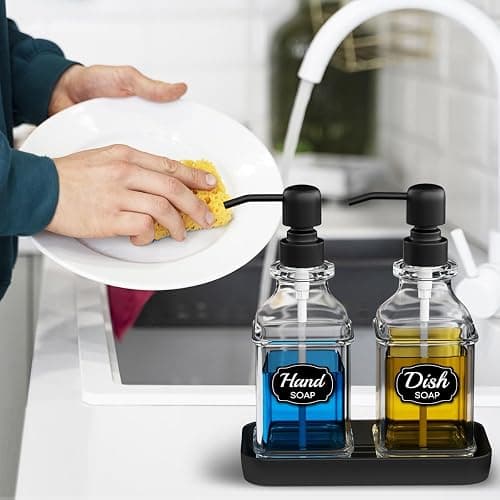 LMQML Soap Dispenser - 2 Pack, Antique Design Thick Glass Hand Soap Dispensers with Sturdy Tray; 304 Rust Proof Stainless Steel Black Pump, 12Pcs Stickers, for Kitchen, Bathroom thumbnail 6