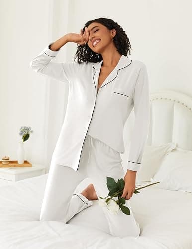 Ekouaer Womens Pajamas Set 2 Piece Button Down Pjs Soft Long Sleeve Top and Pants Sleepwear Set Lounge Sets thumbnail 6