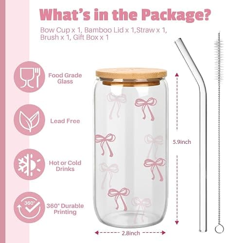 BOYIN HUES Coquette Aesthetic Bow Glass Cups, Cute Pink Girly Preppy Iced Coffee Cup w/Lids and Straws 16oz Drinking Glasses Gifts for Women Teen Girl Gifts Trendy Stuff thumbnail 3
