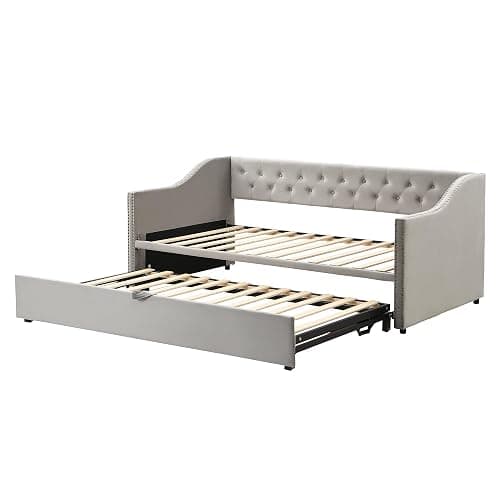 Girls guest GOTwin Size Upholstered Daybed with Pop Up Trundle, Twin to King Size Day Bed, Trundle Can Be Flat Or Erected, Extendable Daybd(Gray-DB) - Gray-db thumbnail 2