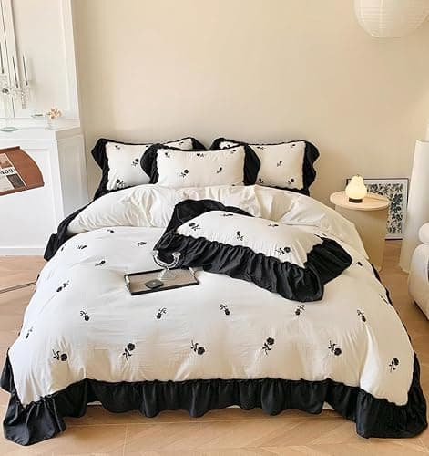 Sedefen Housse de Couette 140x200cm Volants Fleurs Broderies Parure de Lit Blanc Noir Feuille de Lotus 1 Personnes Ado Linge de Lit en Microfibre avec Fermeture Éclair et 1 Taie d'oreiller 65x65cm thumbnail 3