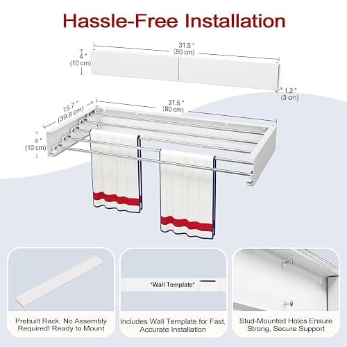 SOLVESTIS Wall Mounted Drying Rack 31.5", Foldable Laundry Drying Rack with Stainless Steel Rods, Retractable Laundry Space Saver for Indoor & Outdoor Use, Include Wall Template thumbnail 2