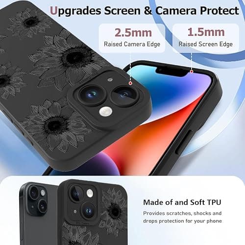 OOK Floral case for iPhone 14 Case, Cute Sunflower Floral Blooms Design Soft TPU Shockproof Protective for Women Girls Phone Cover - Black Flower - Image 1
