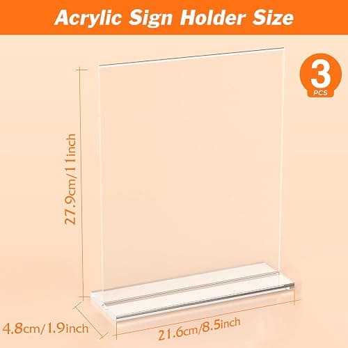 3 Pack Acrylic Sign Holder 8.5 x 11 Inches, Vertical Flyer Display Stand | Clear Menu Holder Stand, Table Paper Holder, Desk Brochure Holder, Plastic Sign Display Stand for Restaurants, Office, Store thumbnail 3