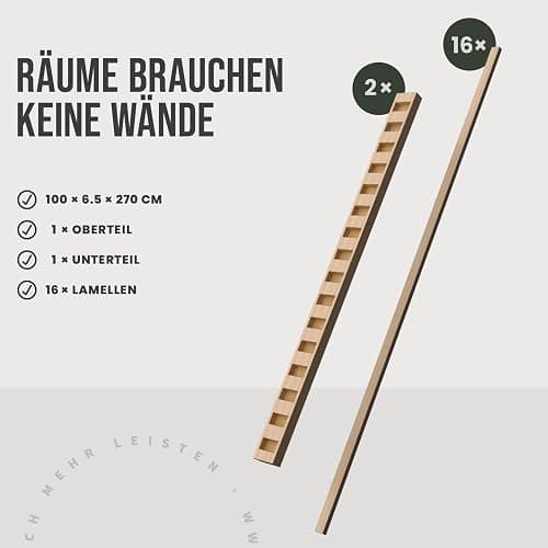 KGM Komplett-Set Raumteiler 90° - Eiche Natur - MDF foliert - 100 x 270 cm | Lamellenwand, Sichtschutz & Raumtrenner für Deko & Wohnbereich, inkl. 12 Lamellen, PEFC, kürzbar, langlebig & abwischbar thumbnail 5