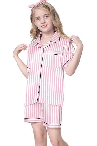 Umeyda Women & Girls Pajamas Set, Soft Satin Lightweight Silk Button-Down Top with Shorts 2 Piece PJS for Mom Boys Kids Gifts thumbnail 2