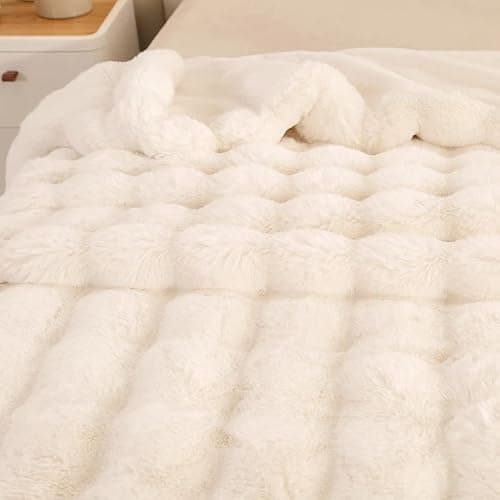 Luxury Thick Plush Faux Rabbit Fur Throw Blanket Ultra-Plush Cozy Soft Decorative Blanket Use for Couch Bed Travel(Beige,60"*80") thumbnail 6