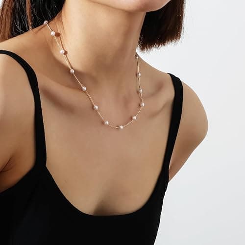Qitian 18K Gold Plated Satellite Pearl & Bow Pendant Necklace for Women, Adjustable Layered Choker Chain Jewelry, Mini Gold Pearl Necklace Gift thumbnail 7
