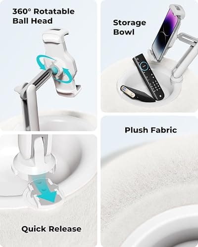 Viozon Tablet Stand Pillow, Compatible with 4.7"-13" Phone/Tablet, iPad, iPhone, Samsung, Google, Kindle, 360°Adjustable Phone Holder for Bed with Soft Plush Fabric, and Detachable Bowl, White thumbnail 5