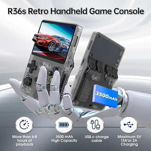 R36S Retro Spielkonsole, 3,5 Zoll IPS Bildschirm, 128GB Speicher, 40.000 Vorinstallierte Spiele, Tragbare Handheld Konsole für Kinder und Erwachsene, Multi-Emulator Unterstützung, Violett (Black) thumbnail 6