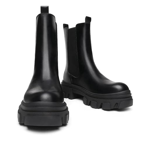 DREAM PAIRS Women's Platform Chelsea Boots Lug Sole Combat Mid Calf Slip On Chunky Ankle Booties - 11 - Black/Pu thumbnail 2
