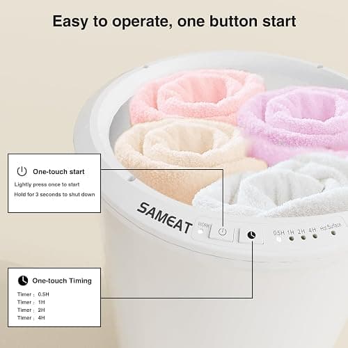 SAMEAT Heated Towel Warmers for Bathroom - Large Towel Warmer Bucket, Wood Handle, Auto Shut Off, Fits Up to Two 40"X70" Oversized Towels, White thumbnail 4