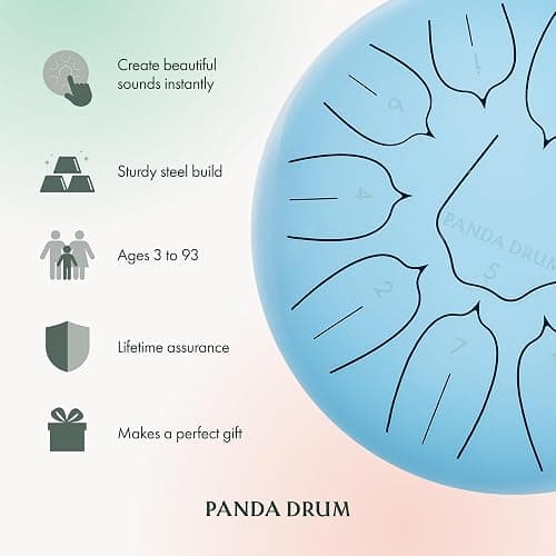 Panda Drum Plus (Blue) | Steel Tongue Drum for Inside & Outside | 11 Inch | with Music Book, Mallets, Carrying Bag & Finger Picks | 432 Hz Rain Drum | Calming Musical Instrument for Adults thumbnail 5