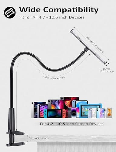 Tryone Gooseneck Tablet Holder Stand for Bed Adjustable Flexible Arm Tablets Mount Clamp on Table Compatible with iPad Air Mini | Galaxy Tabs | Kindle Fire | Switch or Other 4.7-10.5" Devices thumbnail 5