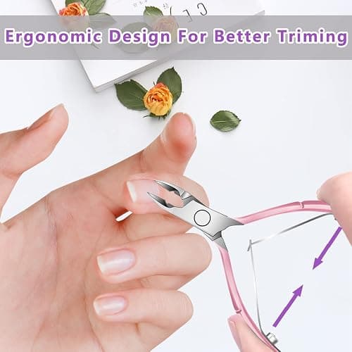 Cuticle Trimmer with Pusher and Scissors, Remover Professional Durable Pedicure Manicure Tools, Stainless Steel Cuticle Nipper Cutter Clipper Nail Tools (Pink Pusher) thumbnail 4