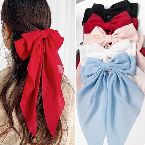 Hair Bows for Women & Girls: Big Bow Clips with Ribbons - Bow-Knot Clips for Thick & Thin Hair, Nonslip Claw Clips, 5 PCS thumbnail 9
