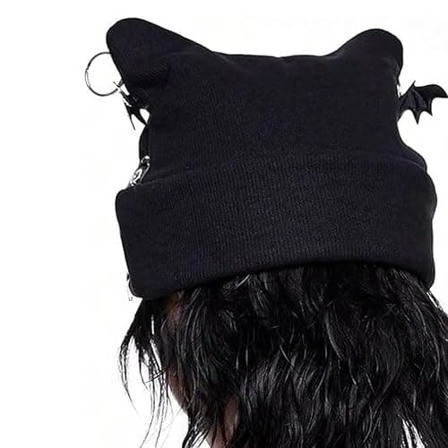 Quxyxso Punk Cross Goth Hat, Women's Cat Ear Bat Wing Beanie Knit Hat, Knitted Y2k Hat Accessories Winter Outdoor Streetwear Black thumbnail 6