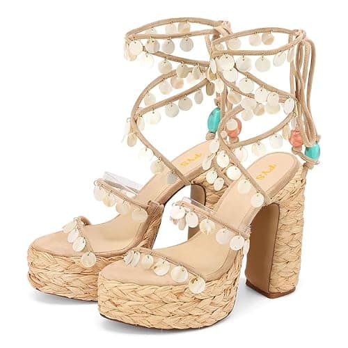 FYS Women's Strappy Platform Sandals Shell Embellishemnt Shoes | Chunky Block High Heels Lace Up Shell Decorated Ankle Strap Dress Shoes for Summer Vacation Resort Wear - Image 1