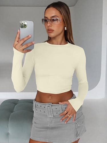 Trendy Queen Womens Long Sleeve Crop Tops Basic Slim Fitted Shirts Fashion 2025 Going Out Y2k Tops Teen Girl Clothes thumbnail 3