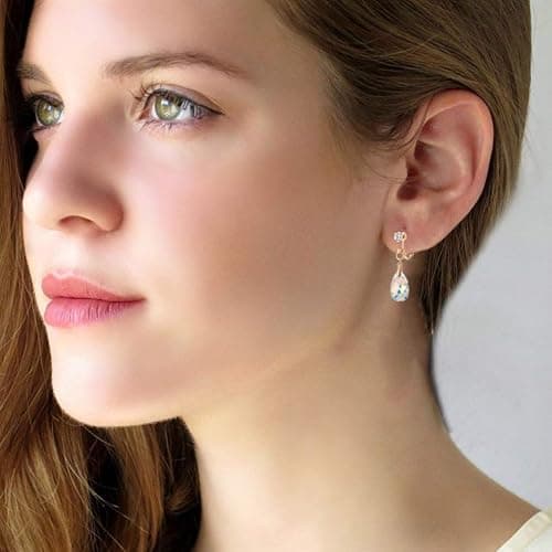 Teardrop Austrian Crystal Drop Clip On Dangle Earrings for Women Non Pierced 14K Rose Gold Plated Hypoallergenic Jewelry thumbnail 2