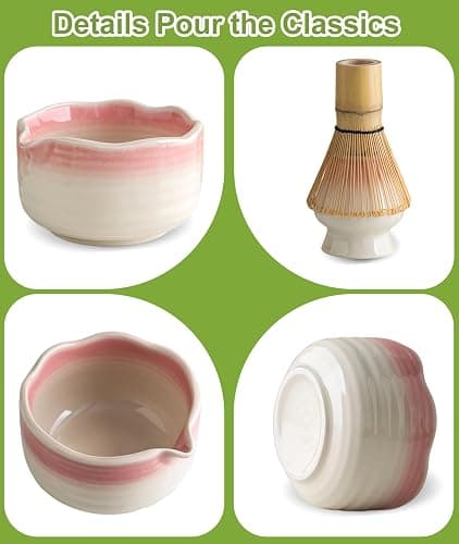 JBER Matcha Set, 7PCS Matcha Whisk Set with Bamboo Whisk and Ceramic Bowl | Matcha Kit Includes Bowl, Handmade Matcha Whisk 100 Prongs, Holder, Spoon, Powder Sifter for Matcha Lovers, Gradient Pink thumbnail 6