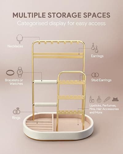 ChuStory Jewelry Organizer, Jewelry Holder Gold with Metal Frame and Velvet Ring Tray Protect headdress from scratches, Women Jewelry Stand Organizer thumbnail 4