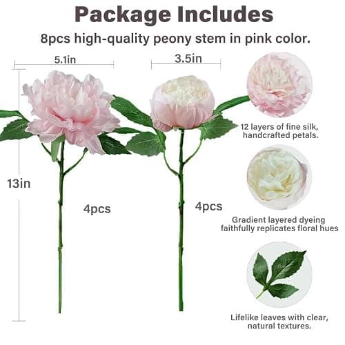 LA.PONEE Premium Pink Peonies Artificial Flowers, Fake Silk Peony Flowers with Stems, Faux Florals for Wedding Bridal Bouquets, Floral Arrangements, Table Centerpieces, Home Decorations thumbnail 3