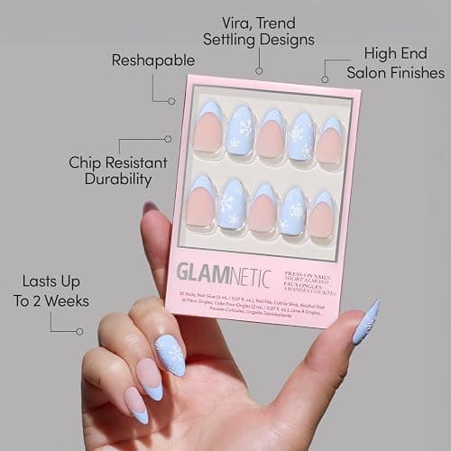 Glamnetic Press On Nails - Snow Bunny | Short Almond Fake Nails in Pale Blue with French Tips & 3D Snowflake Designs in a Matte Finish, Salon Quality Winter Nails | 15 Sizes - 30 Nail Kit with Glue thumbnail 3