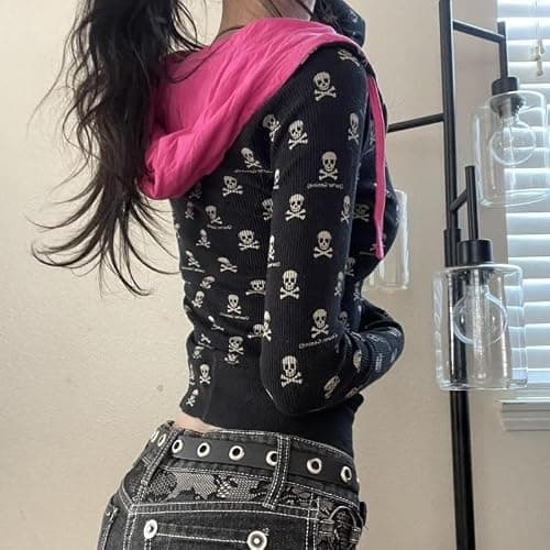 Cute Clad Womens Punk Skeleton Print Contrasting Hoodies Sweatshirt Jacket Women Slim Fit Black Long Sleeve Tops thumbnail 3