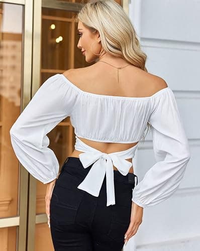 MIRACMODA Woman Off Shoulder Ruched Tie Back Crop Top Summer Lantern Sleeve Boho Shirt Blouse thumbnail 3